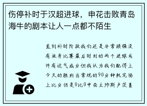 伤停补时于汉超进球，申花击败青岛海牛的剧本让人一点都不陌生
