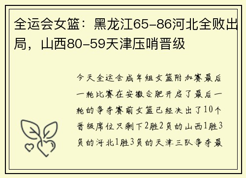 全运会女篮：黑龙江65-86河北全败出局，山西80-59天津压哨晋级